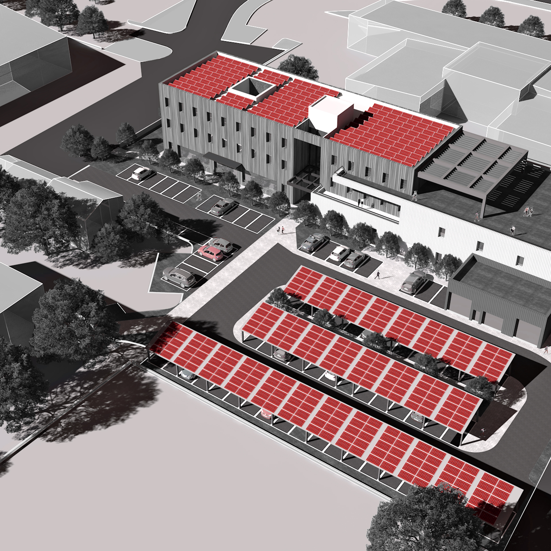 Panneaux photovoltaïques bâtiment Barida et parking