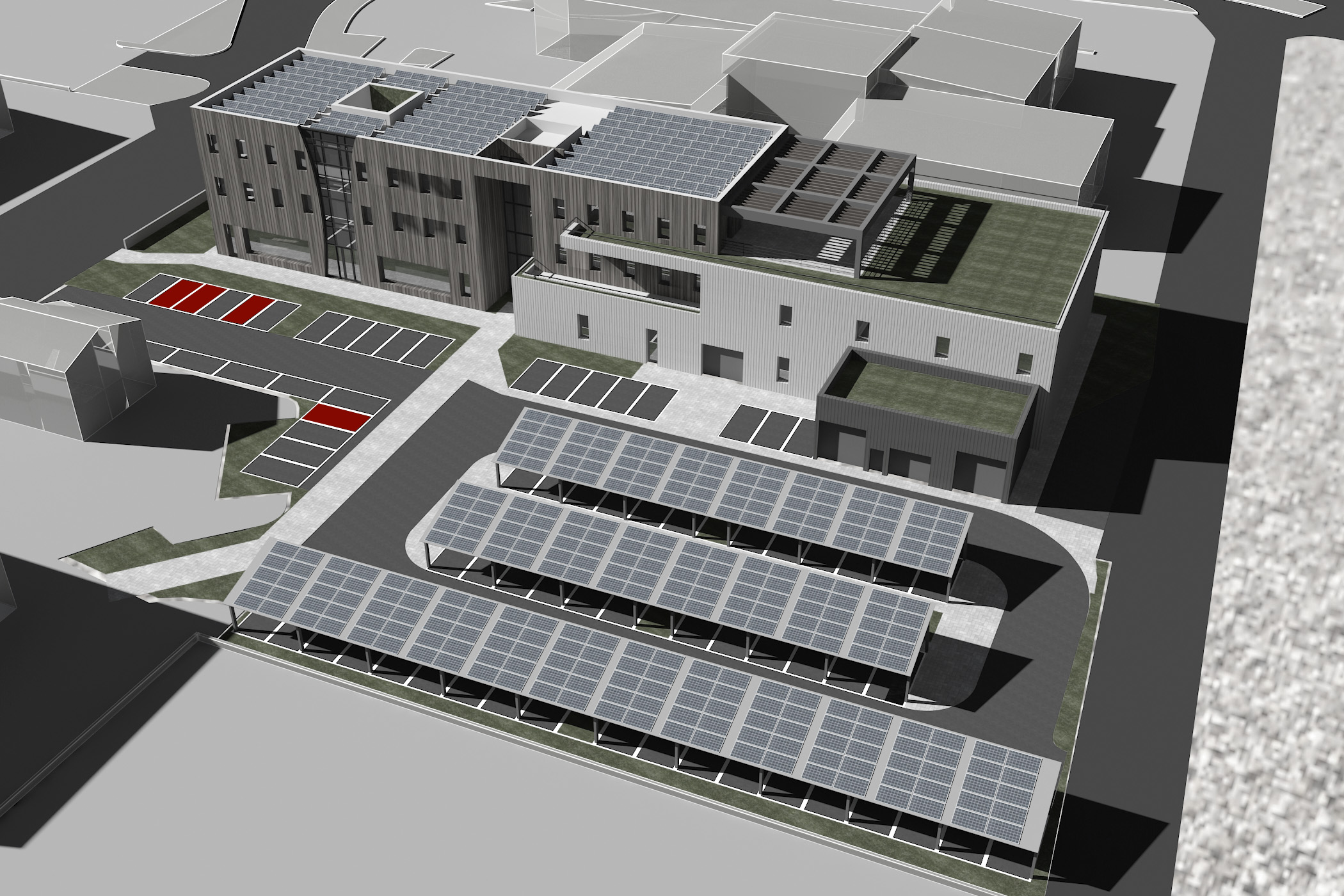 Panneaux photovoltaïques bâtiment Barida et parking